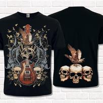 Black T-Shirt Guitar with Skulls and Ravens. Metalheads Style. Rock Fashion. 4XL