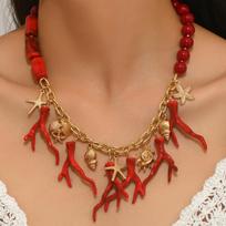 Vintage Boho Red Coral Beaded Choker Gold Starfish Seashell Ocean Charm Necklace Summer Beach Vacation Jewelry for Women Gift