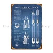 DORA Tin Sign Spacex Crew Dragon Spacecraft And Falcon  Rocket Blueprint Metal Plaque Designs Mural Club Bar Garage Club Tin Sign Poster 20x30cm（7.8x11.8inch）