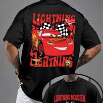 Lassic Red and White Checkered Mcqueen Series Men'S  Women's Round Neck T-Shirt, LIGHTNING Checkered Letter Front and Back Print Tops 4XL