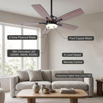 Modernus lubinis ventiliatorius su LED pritemdomu apšvietimu, atvirkštinio sukimosi varikliu, nuotolinio valdymo pultu, 6 greičiais, tylus, montuojamas lygiai prie lubų 42 Inch