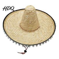 Festival Party Hat Mexican Sombrero with Colorful Poms Hawaiian Style Woven Straw Sun Hat Wide Brim Lightweight Casual Daily Costume for Summer smėlis