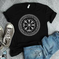 Viking Compass Vegvisir Men T Shirts Wayfinder Norse Mythology Cotton Tops S juoda