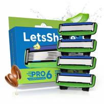 LetsShave Pro 6 Sensitive Manual Shaving Razor Blades Refills (Cartridge), Pack of 4, World's First 6-Blade & Precison Back Blade with Argan Oil &