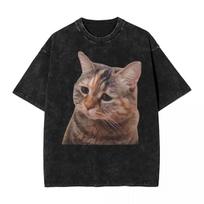 Sad Cat Meowing Washed T Shirts Streetwear Vintage T-Shirt Two Cats Talking Meme Tees Tops for Men Women 100% Cotton Graphic S įvairiaspalvis