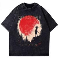 2026 Hot Retro Washed T-Shirt Japanese Samurai Sunset Silhouette Uprising Graphic Unisex Harajuku Streetwear Men Women Casual Short Sleeve Tee Top L