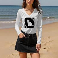 Women's Cat Printed Long Sleeved V-neck Tops Loose Casual Personalized Women's Fashion T-Shirts S