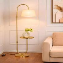 Table Shelf LED Floor Lamp Standing Brass Gold Finish 5ft Height with Shelf Home Decoration, Living Room and Beige Lampshade