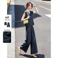 Ruffled Blouse & Wide-Leg Pants Two-Piece Set M tamsiai mėlyna spalva