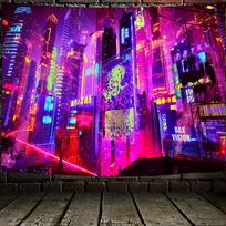 Cyberpunk Neon City Tapestry Background Cloth, Atmosphere Decorative Wall Cloth for E-sports Room, Room Decoration 100X70CM