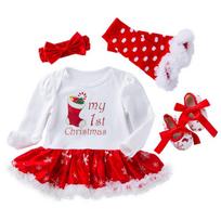 Classical Long Sleeves 4pcs Set New Born Baby Clothing Infant Baby Toddler Christmas Romper Dress