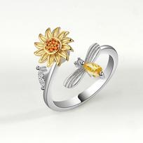 Fidget Spinner Ring Sunflower Anxiety Relief Adjustable Copper Ring with Dragonfly Zircon Stress Jewelry for Women beige
