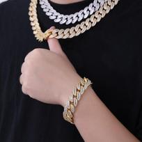 Fashion Hip Hop Cuban Link Necklace Bracelet Set 18mm T Shape CZ Iced Out Alloy Gold Plated Mens Jewelry  Jewelry Set 9-inch bracelet auksas