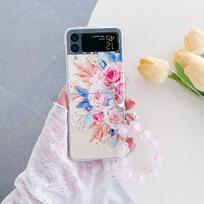 For Samsung Galaxy Z Flip 4 3 Case Beautiful Daisy Flowers Painted With Bracelet Transparent Shockproof Folding Hard Back Cover Case and Bracelet