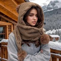 Winter Hat Scarf Combo for Women Thick Knit Beanie with Pom Pom Ear Flaps One-Piece Wool Bonnet for Extreme Cold chaki