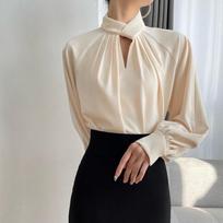 French Stand Collar Women Light Ripening Solid Color Shirt Design Spring Tender Grace Hollow Comfortable Puff Sleeve Tops S