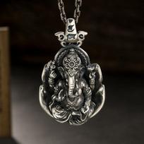 Necklace Buddha Statue God Elephant Jixiang Buddha Card Men's Retro Pendant 50CM(Necklace Size) sidabras
