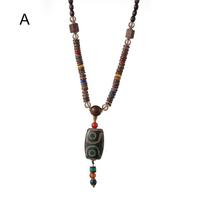 Boho Party Lucky Gift Ethnic Jewelry Buddhist Horn Fish Pendant Nepal Necklace Mala Wood Bead C