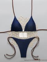 European Solid Color Strappy Thong Bikini Set 2026 XS tamsiai mėlyna spalva