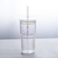 600 ml didelės talpos stiklinė su dryžiais, dangteliu ir šiaudeliu, skaidri stiklinė vandeniui, lauko gėrimo indas, puodelis A