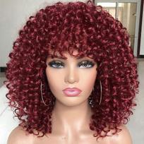 14 Inch Red Afro Curly Wig with Bangs for Black Women, Natural Full Curls, Adjustable Fit