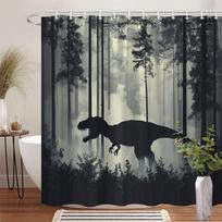 1 vnt. Baisus T-Rex Dinozauras Dušo Užuolaida Rūkuotame Miške - Realistiškas Juros Periodo Dizainas Su 12 Kabliukų, 70X70 Colių, Tamsūs Medžiai Ir W60H190(CM)-1 Pcs gray