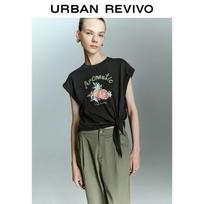 UR2026 Women's Fruit Print Tie-up Short Sleeve T-shirt M tamsiai pilka spalva