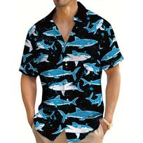Summer Vacation Cartoon Shark Graphic Print Men's Short Sleeve Shirt Hawaiian Beach Party Wear Oversized Men's Shirt Style S