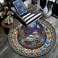 Nautical Adventure Scene Round Area Rug Under Office Chairs Bedroom Living Room Home Decor 80cm x 80cm