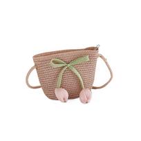 with Same Style Crossbody Bag Tulip Straw Sun Hat Shading Hat Lace Brim Beach Cap  Boy Pink(Bag)