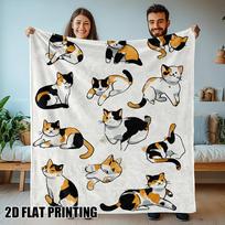 Calico Cats Print Flannel Blanket - All-Season Soft Warm Machine Washable Home Office Travel Decor Size: 75*100cm, Weight: 230 GSM