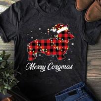 Red Plaid Corgi Christmas T-Shirt: Merry Corgmas Dog Lover Gift L