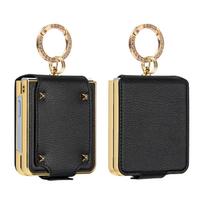 Fashion Z Flip 7 Case with Finger Ring,Plating Faux Leather Phone Case for Galaxy Z Flip 7 6 5 4 3 BlackFront Screen Protector Galaxy Z Flip7 juoda