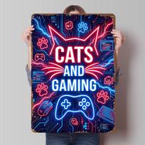 Cats and Gaming In Neon Lights Gamer Metal Poster Customized Wall Art Retro Vintage Tinplate Signs for Modern Home Decoration 20X30CM
