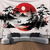 Japanese Ink Mountain Pagoda Tapestry, Oriental Ukiyo-e Zen Wall Hanging for Bedroom Living Room Aesthetic Wall Art 100X70CM