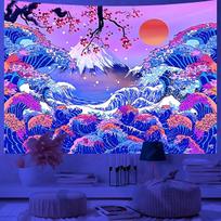 Japanese Great Waves UV Reactive Tapestry Mount Fuji Wall Hanging Cloth Aesthetic Room Home Decor Background Flag Wall Art Decor 100X70CM