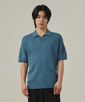 Analog Mood Cable Open Collar Short Sleeve Knit (Blue) Free