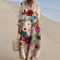KOSY Women's Summer Flower Print Dress V Neck Short Sleeve Loose Beach Party Dresses Holiday For Women Robe Femme S