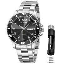 OPK Men's Quartz Watch with Date Display, Waterproof, Luminous, Stylish, Classic Stainless Steel Watch for School or Office, Black