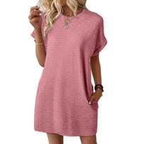 Women's Summer Round Neck Cuffs Rolled Color Short Sleeve Pocket Dresses L rožinė