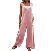 Women Casual Loose Long Bib Pants Sleeveless Wide Leg Baggy Jumpsuits Cotton Romper Overalls with Pockets L rožinė