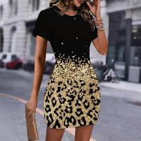 Fashion Womens Loose Leopard Print Camouflage Print O Neck Short Sleeve Loose Streetwear A-line Dress S geltona