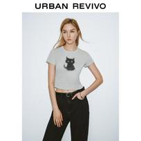 UR2026 Women's Cat Print Slim T-Shirt S viržių pilka spalva