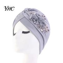 Lady Bonnet Women Hat Good Stretch Wind-proof Tear-resistant Anti-shrink Brimless Warm Sequin Trim Flower All Match Turban Fashion Accessory Female šviesiai pilka spalva