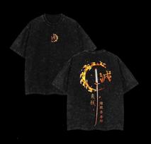 Vintage Washed Flame Katana Anime Graphic T Shirt Oversized Unisex Cotton Tee S įvairiaspalvis