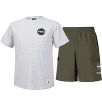 Nasa Unisex Cotton Blend Training Short Sleeve T-Shirt + Woven Knee-Length Shorts Set [Melange White + Dark Khaki] 100