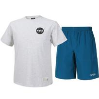 Nasa Unisex Cotton Blend Training Short Sleeve T-Shirt + Woven Knee-Length Shorts Set [Melange White + Green Blue] 95