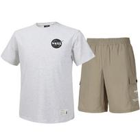 Nasa Unisex Cotton Blend Training T-Shirt + Woven Knee-Length Shorts Set [Melange White + Beige] 100