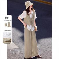 Women's Casual Faux Two-Piece Shirt & Wide-Leg Pants Set S chaki
