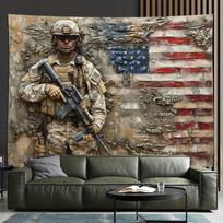 Patriotinio kareivio gobelenas - Karinis didvyris su Amerikos vėliavos fonu namų dekoravimui ir estetiniam grožiui, puikiai tinka bet kuriam kambariui 100X70CM gray